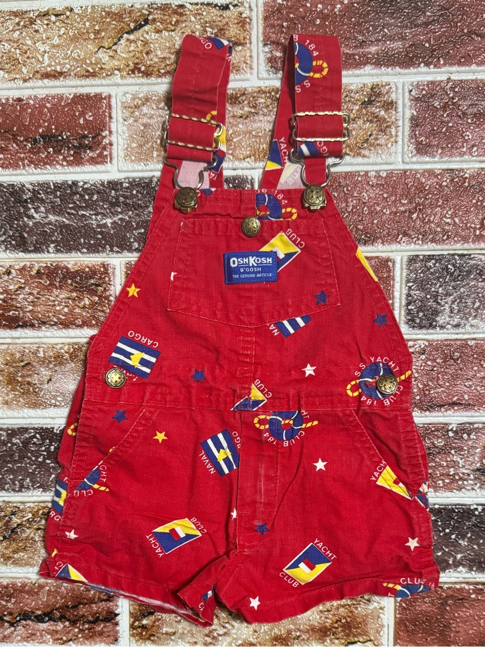 90s Vintage OshKosh USA color block yacht club shortalls overalls 2t boys red